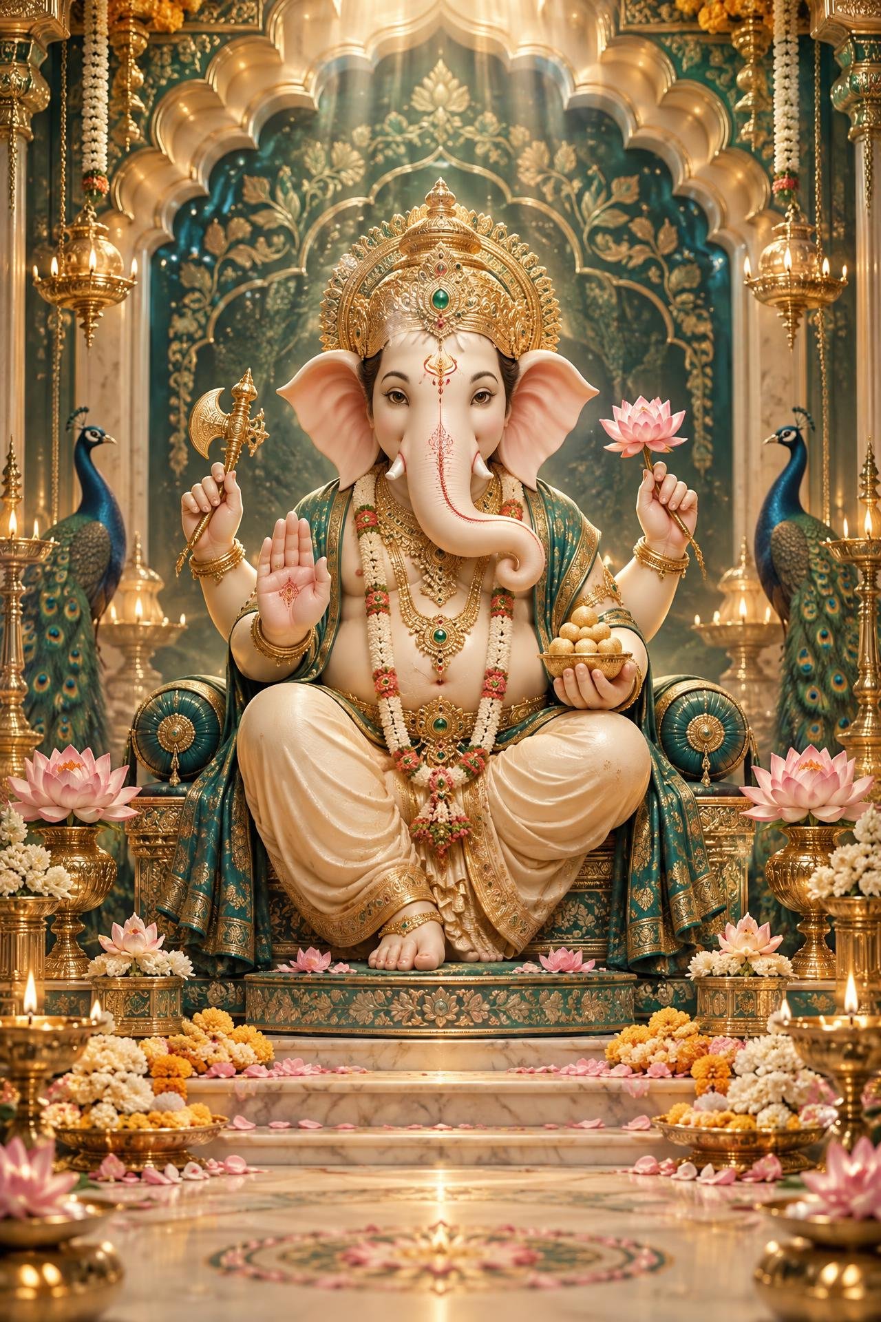 Lord Ganesha seated within a peacock-inspired royal shrine
